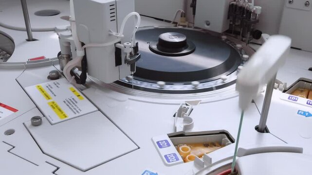 Medical equipment robotic arm precisely in modern laboratory working with tray blood tubes samples for testing in preanalytical lab, rack with tubes blood test from patients for analysis in hematology