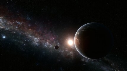 Obraz premium Exoplanets Amidst Stars & Milky Way Space with Planets and Distant Sun