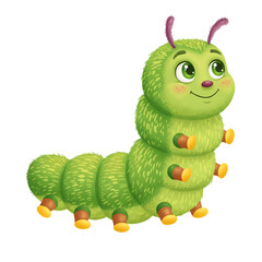 Fototapeta premium Cute Green Caterpillar Cartoon Illustration
