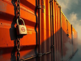 Locked orange shipping container with heavy chains and padlock in dramatic sunset light