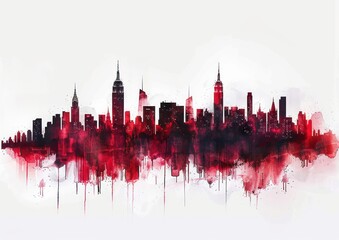 Abstract red and black city skyline silhouette with watercolor paint drips and reflections on a white background evoking urban energy and artistic expression