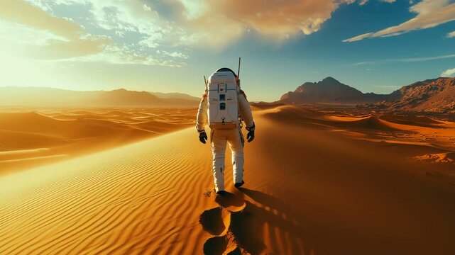 An astronaut is exploring a breathtaking alien desert landscape during a stunning sunset, full of vivid colors