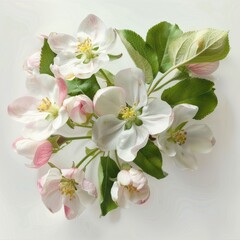 Fototapeta premium cluster of delicate white and pale pink flowers with green leaves on light background conveying freshness and natural beauty