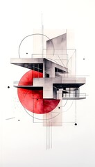 Abstract architectural illustration with floating house, geometric shapes, and bold colors