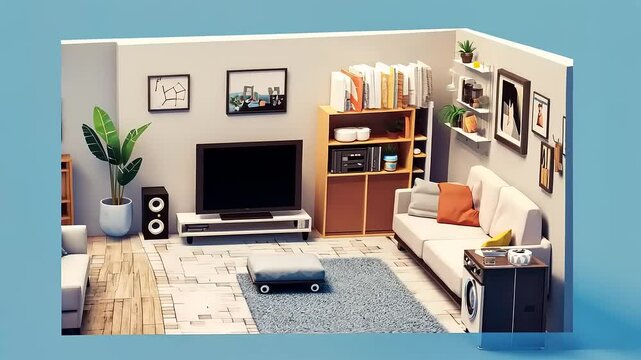 Isometric Living Room Visualization: A Modern and Minimalist Interior Design Concept