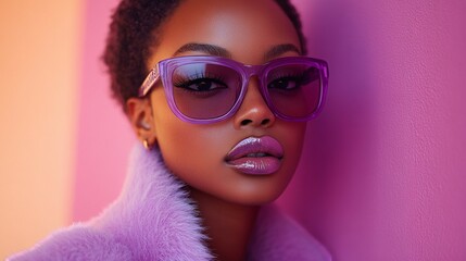 Modern fashion scene featuring a woman with short dark hair, wearing pink and blue sunglasses, posing in front of a playful, brightly colored pink and yellow wall 