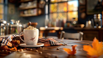 A cozy coffee cup topped with whipped cream sits on a rustic wooden table, surrounded by autumn leaves in a warm, inviting cafe.