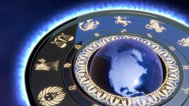 Astrology Wheel with Zodiac Signs spinning Seamless Looping CGI Animation