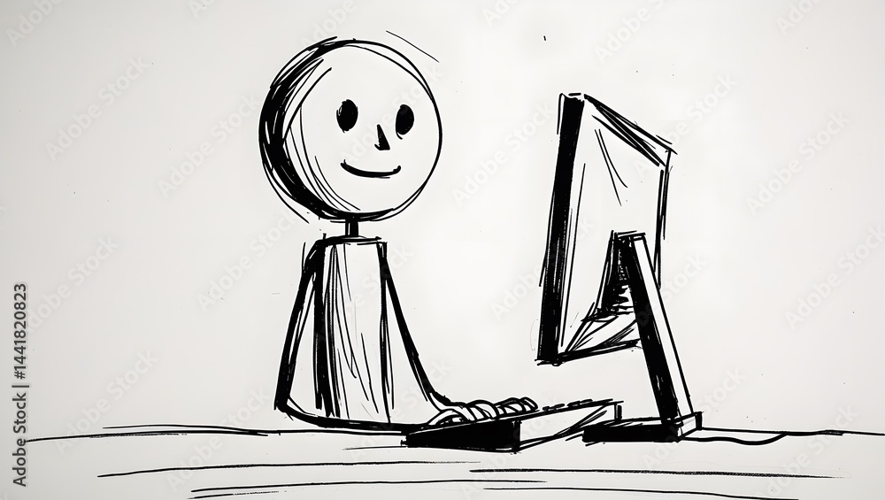 Poster a simplistic black and white sketch features a stick figure seated and smiling at a computer monitor