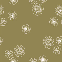 Seamless pattern with delicate white flowers on olive background. Hand drawn vector illustration for wrapping paper, textile, fabric.