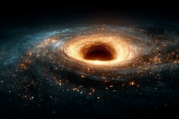 Fototapeta premium Vibrant golden vortex in outer space featuring a dark void, celestial swirls, and cosmic starlight