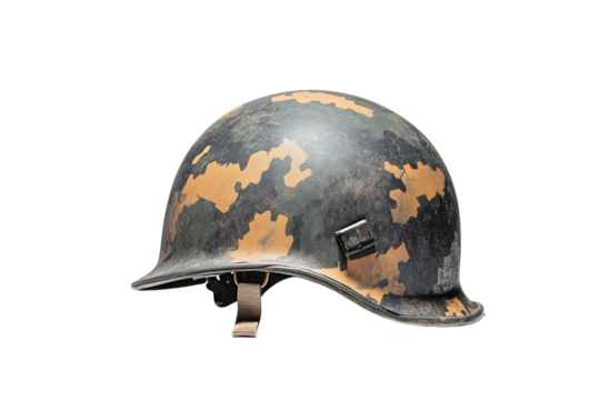 Weathered Camouflage Military Helmet on Transparent Background, PNG