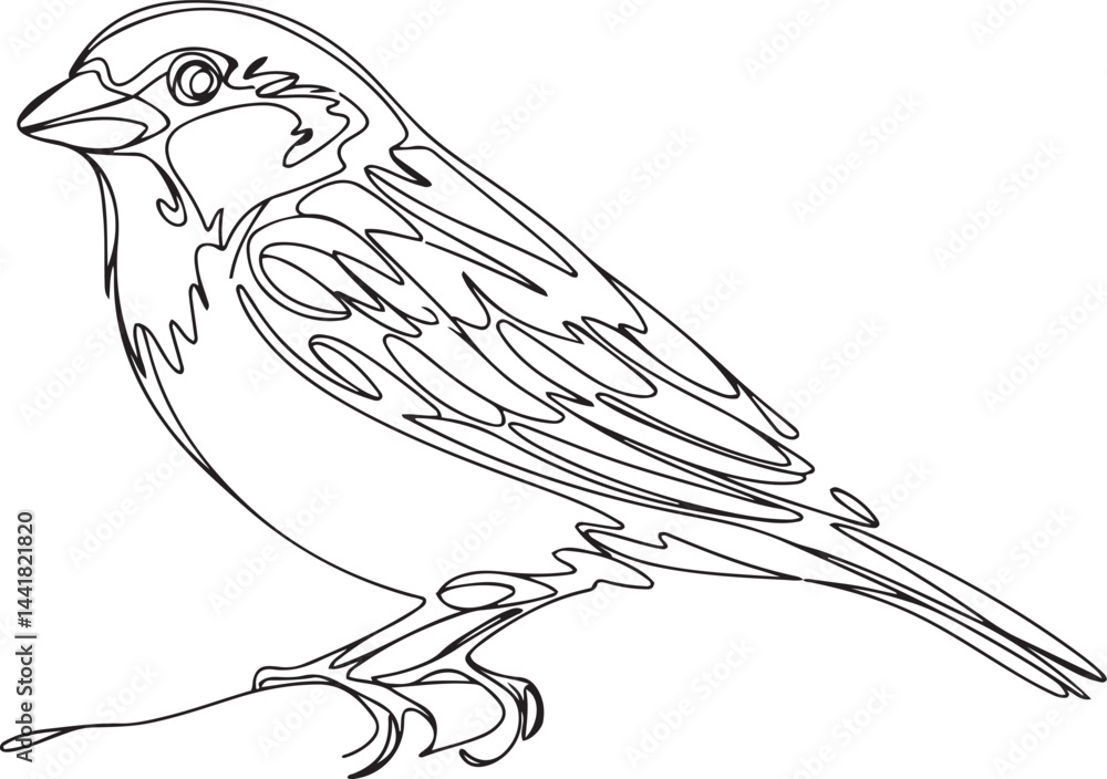 Poster a beautiful vector illustration of a sparrow bird in a minimalist black linear sketch style perched 
