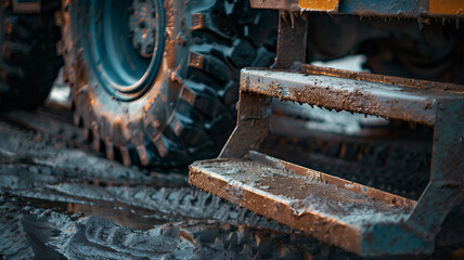 Metal plate step and tire of a large truck, heavy-duty vehicle. Trucks metal plate steps stair and wheel. Anti slip metal plate assessory automotive sidesteps 