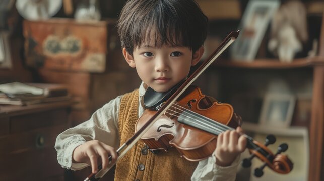 Boy plays violin, antique room, music lesson