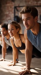 Diverse group doing plank exercise in a fitness studio.  Possible use Stock photo for fitness, wellness, or group exercise