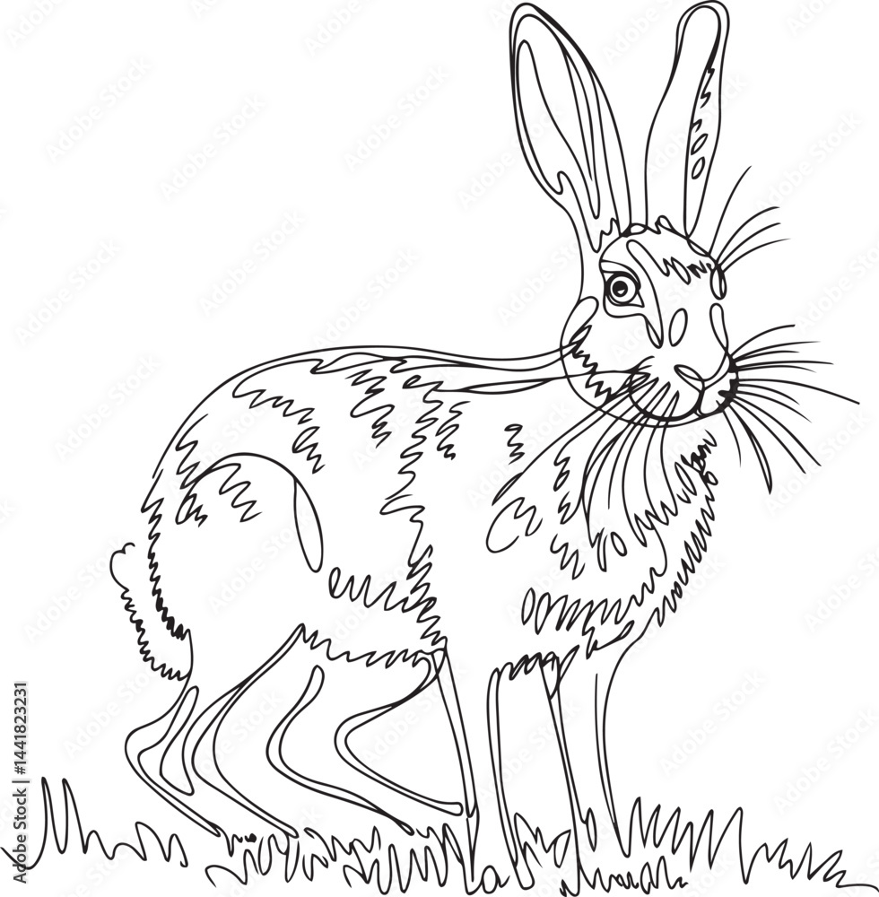 Poster a delicate continuous line vector art drawing showing a hare standing on a grassy field portrayed wi