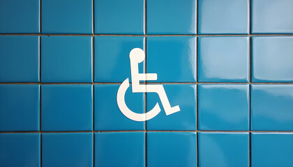 A white handicap sign on a blue tiled wall.