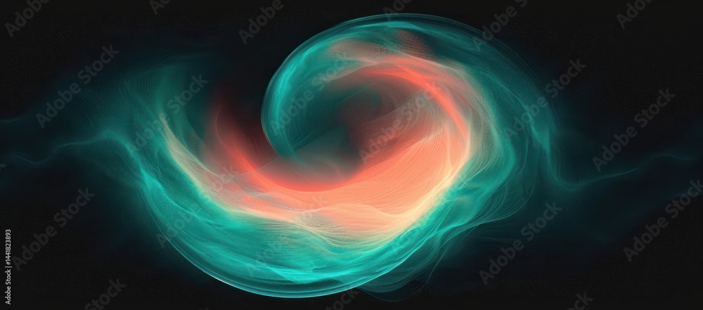 Poster abstract swirling light waves in turquoise and orange glowing softly against a black background, cre