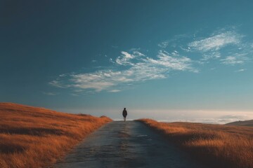 Lone person walks along asphalt road toward horizon under a vast blue sky with scattered clouds and golden field