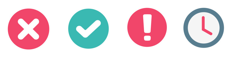 Pending awaiting clock icon vector set, cancel order delivery shipping sign symbol, wrong cross correct checkmark status sign symbols simple flat, failure success checkmark notice clip art
