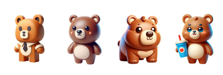 Fototapeta premium Set of 4 Cute Brown Cartoon Bear Characters PNG