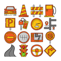 On The Way Handdrawn style, colorful icon set of road and driving elements perfect for travel apps maps traffic infographics transport visuals and automotive projects