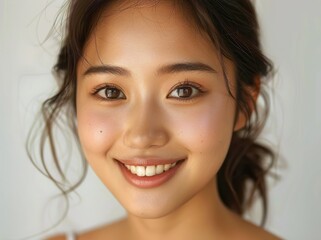 Naklejka premium close-up portrait of a person with brown wavy hair tied back, wearing a white top against a plain light background