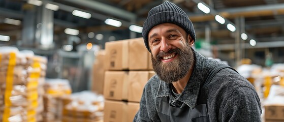 A food manufacturing worker grinning at the camera while posing with boxes in a warehouse.