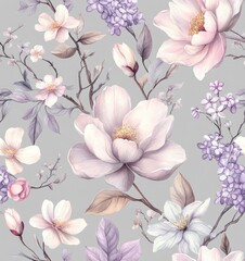 Floral Watercolor Painting with Magnolia and Lilac Blossoms