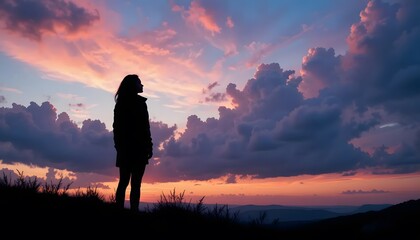 Fototapeta premium Silhouette of a woman contemplating the sunset over a mountain range.