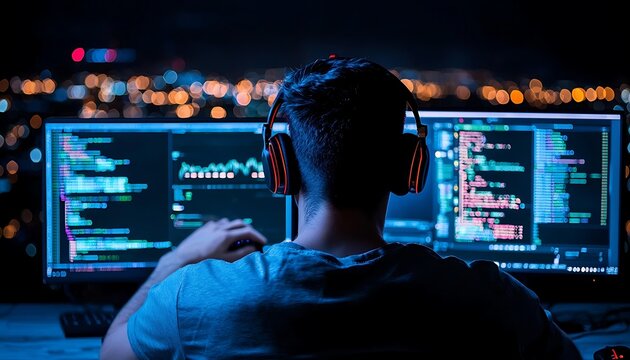 Night coder working late at monitors