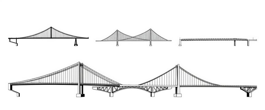Set of diverse bridge types, isolated on white, black & white vector illustrations, drawing, suspension