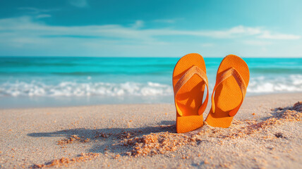 Bright beach scene with orange flip-flops standing in sand, turquoise sea waves, blue sky and soft sunlight, summer vacation concept