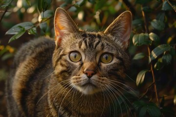 close-up of a curious tabby cat with green eyes surrounded by green leaves and natural outdoor light