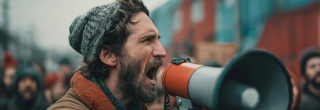 A man in a rough urban setting shouts ferociously into a megaphone, his face displaying intensity and passion as he addresses a throng, emphasizing the moment's unadulterated emotion.