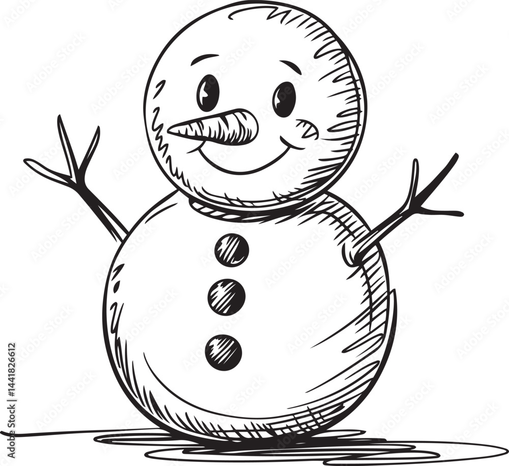 Poster a cute minimalist vector illustration of a smiling snowman drawn with three black lines and two butt