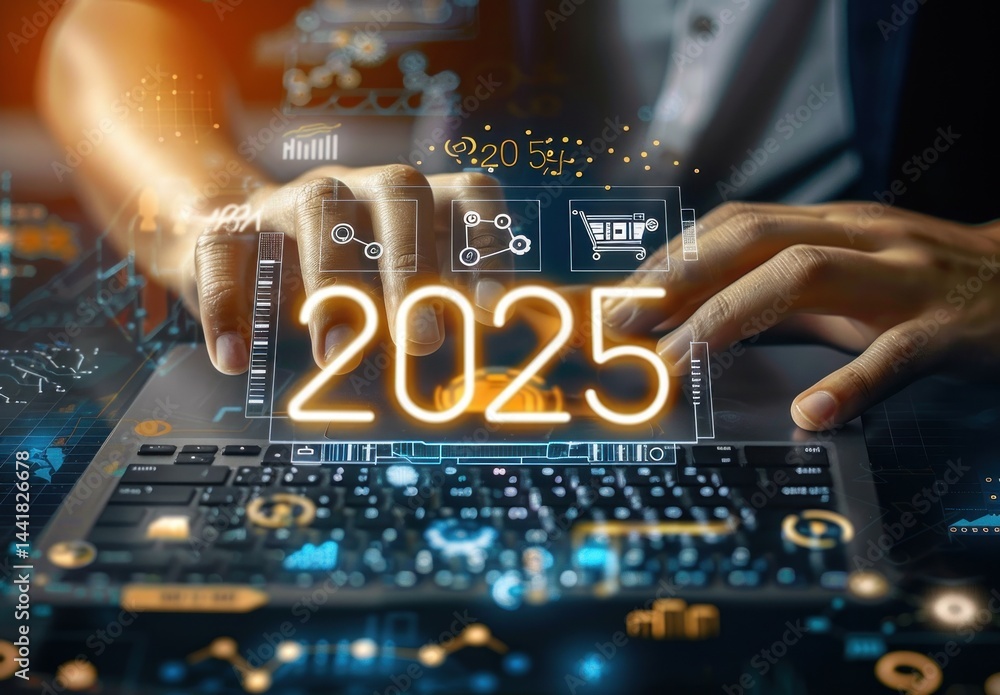 Poster person typing on a keyboard with glowing futuristic 2025 holographic digital interface and various t