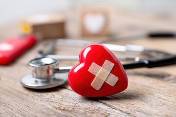 Healthcare insurance and world health day concept with red heart love with cross bandage and medical doctor physician's stethoscope