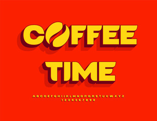 Vector Advertising flyer Coffee Time with Decorative Bean. Artistic Uppercase Font. Classic Digital Alphabet Letters and Numbers set.