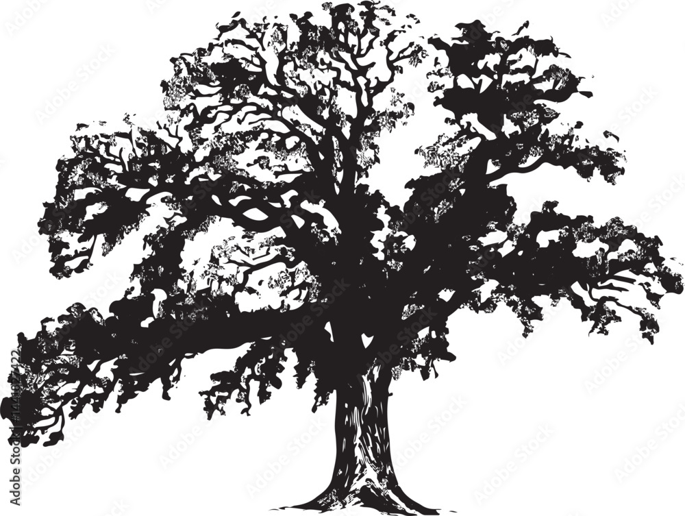 Poster a magnificent continuous line vector illustration of an ancient oak tree with a thick trunk deep gro