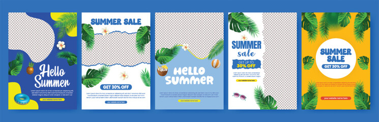 Editable summer sale print flyer or poster template set. promotional a4 size advertising for summer tropical background bundle, summer beach party invitation leaflet, brochure cover design pack