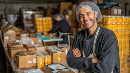 A food manufacturing worker grinning at the camera while posing with boxes in a warehouse.