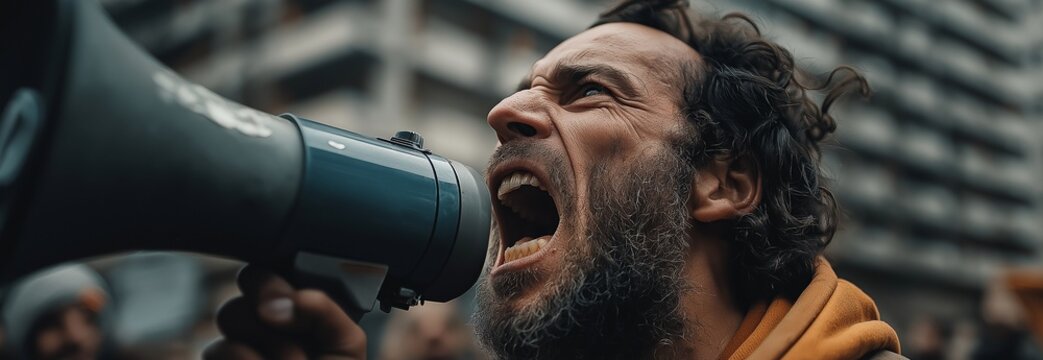 A man in a rough urban setting shouts ferociously into a megaphone, his face displaying intensity and passion as he addresses a throng, emphasizing the moment's unadulterated emotion.