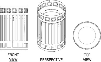vector sketch silhouette illustration of modern trash can container box round shape seen from various sides