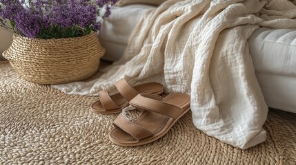 Cozy home Sandals with blanket, and rug.