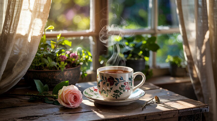 Cozy Morning Tea by the Window – Rustic Cup on Wooden Sill with Sunlight, Flowers, and Peaceful Garden View
