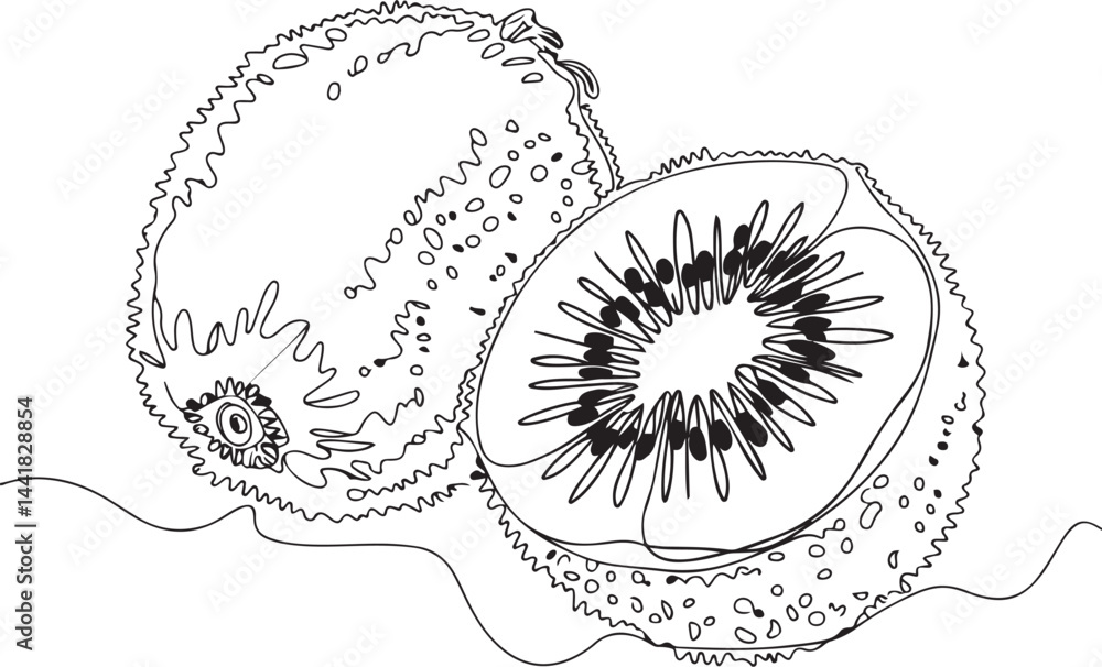 Poster a charming continuous line vector drawing of a kiwi fruit shown partially eaten created in minimalis