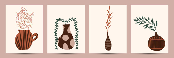 Clay vases collection Poster with plants. Greeting Card. Ceramic jugs, pots and in minimalistic trendy style. Leaves, Palm leaves, Dry leaves. Scandinavian art with vases