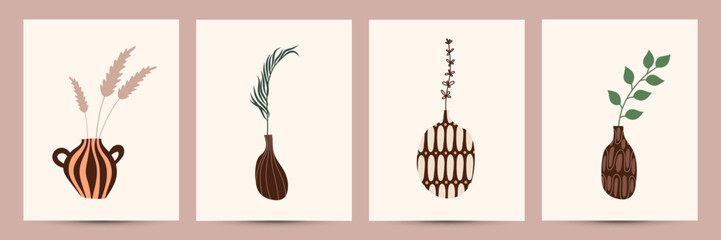 Clay vases collection Poster with plants. Greeting Card. Ceramic jugs, pots and in minimalistic trendy style. Leaves, Palm leaves, Dry leaves. Scandinavian art with vases